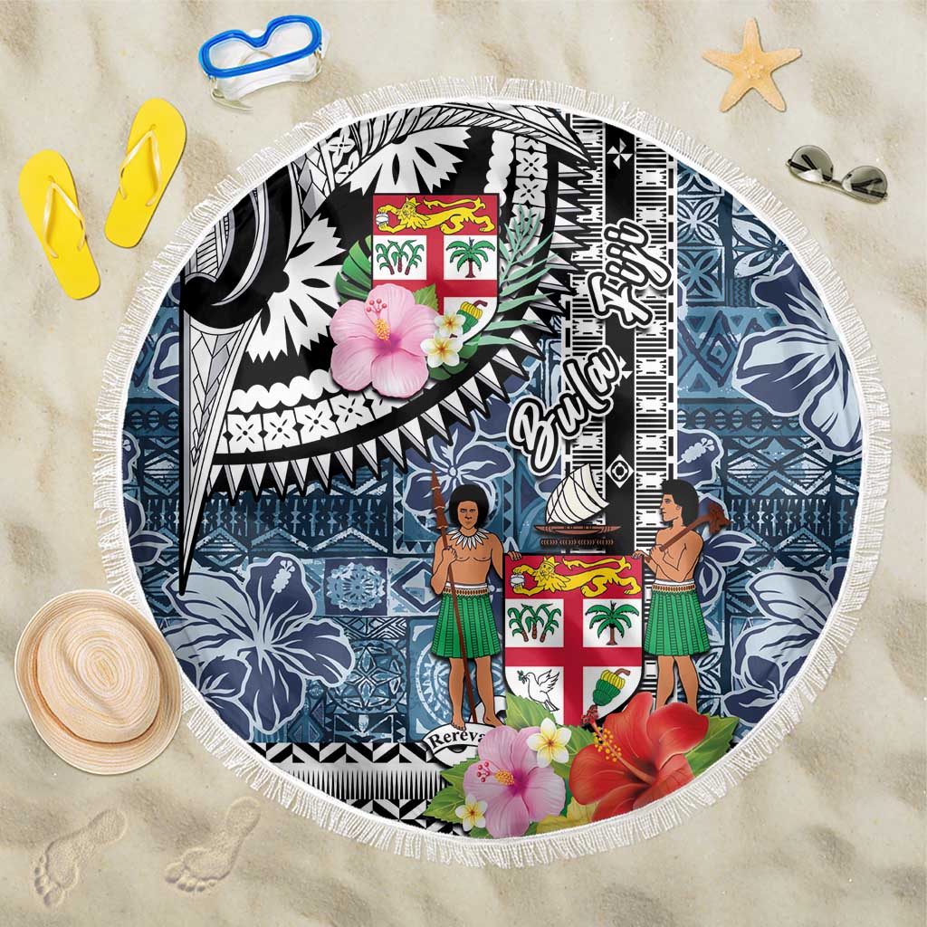 Fiji Day Beach Blanket Traditional Tapa with Hibiscus and Emblems