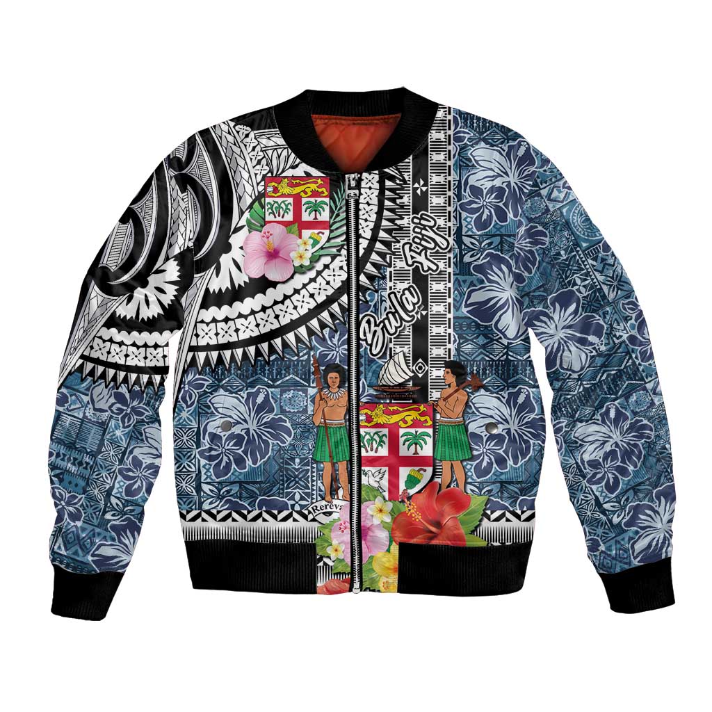 Fiji Day Bomber Jacket Traditional Tapa with Hibiscus and Emblems LT03 Unisex - Polynesian Pride
