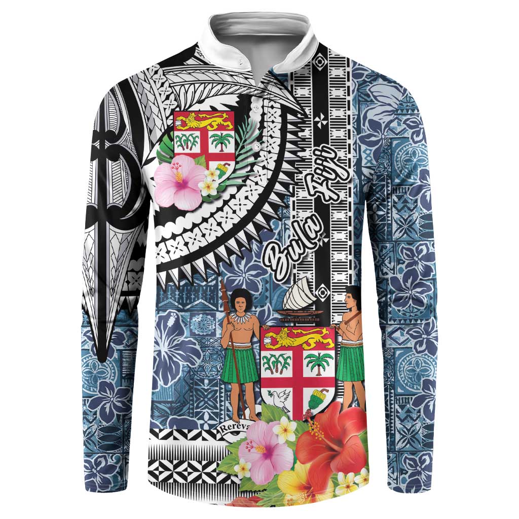 Fiji Day Button Sweatshirt Traditional Tapa with Hibiscus and Emblems
