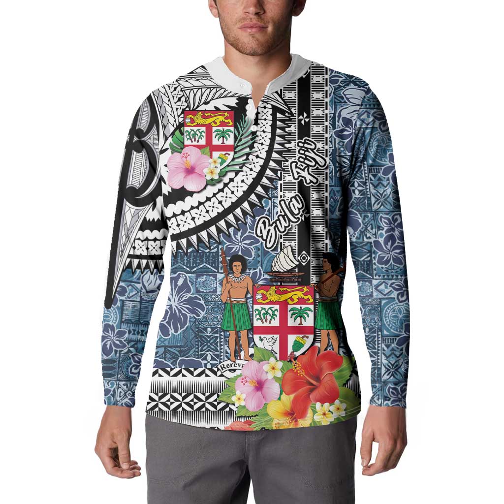 Fiji Day Button Sweatshirt Traditional Tapa with Hibiscus and Emblems