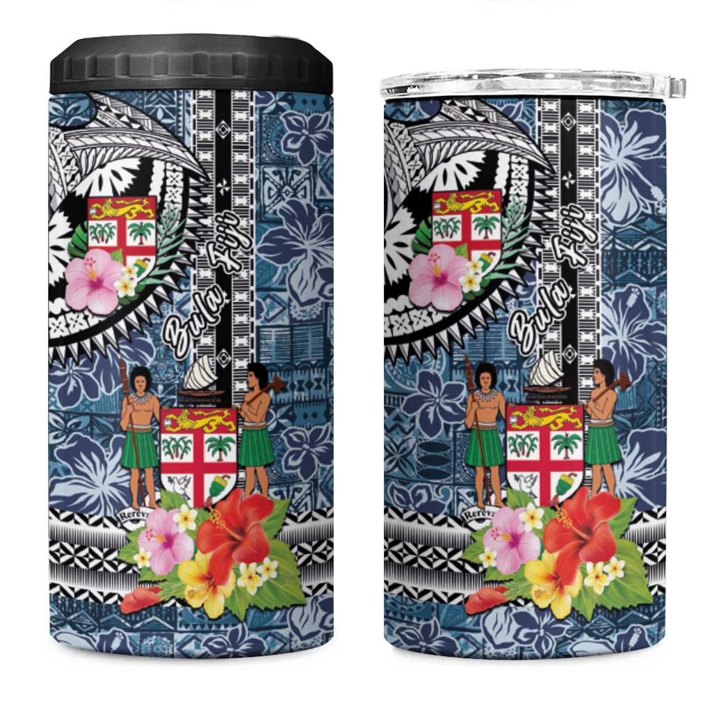 Fiji Day 4 in 1 Can Cooler Tumbler Traditional Tapa with Hibiscus and Emblems