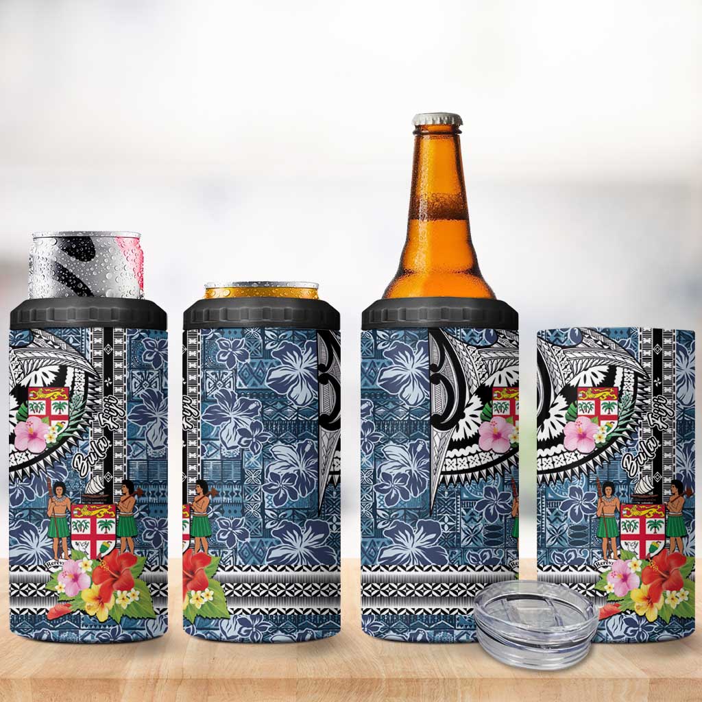 Fiji Day 4 in 1 Can Cooler Tumbler Traditional Tapa with Hibiscus and Emblems