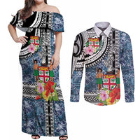 Fiji Day Couples Matching Off Shoulder Maxi Dress and Long Sleeve Button Shirt Traditional Tapa with Hibiscus and Emblems