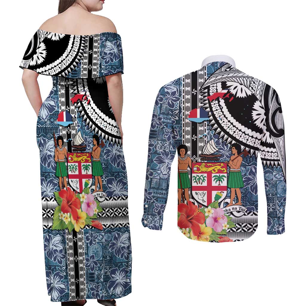 Fiji Day Couples Matching Off Shoulder Maxi Dress and Long Sleeve Button Shirt Traditional Tapa with Hibiscus and Emblems