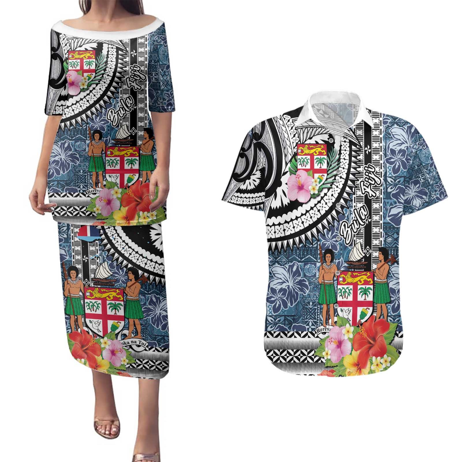 Fiji Day Couples Matching Puletasi and Hawaiian Shirt Traditional Tapa with Hibiscus and Emblems