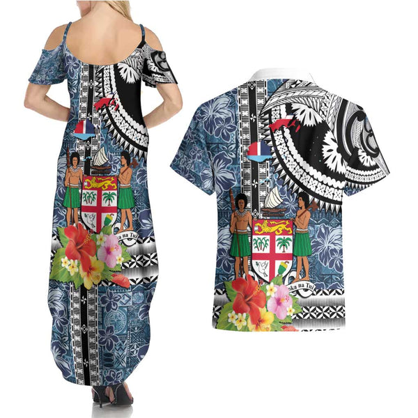 Malampa Fiji Day Couples Matching Off Shoulder Maxi Dress and Hawaiian Shirt Tropical Plants Mix Polynesian and Tapa Pattern LT03 main image 1