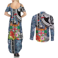 Fiji Day Couples Matching Summer Maxi Dress and Long Sleeve Button Shirt Traditional Tapa with Hibiscus and Emblems