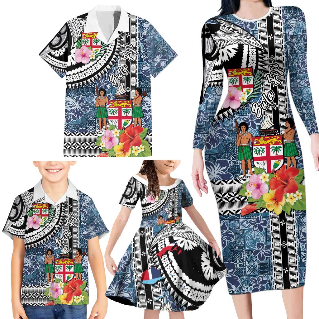 Fiji Day Family Matching Long Sleeve Bodycon Dress and Hawaiian Shirt Traditional Tapa with Hibiscus and Emblems