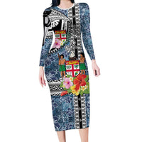 Fiji Day Family Matching Long Sleeve Bodycon Dress and Hawaiian Shirt Traditional Tapa with Hibiscus and Emblems