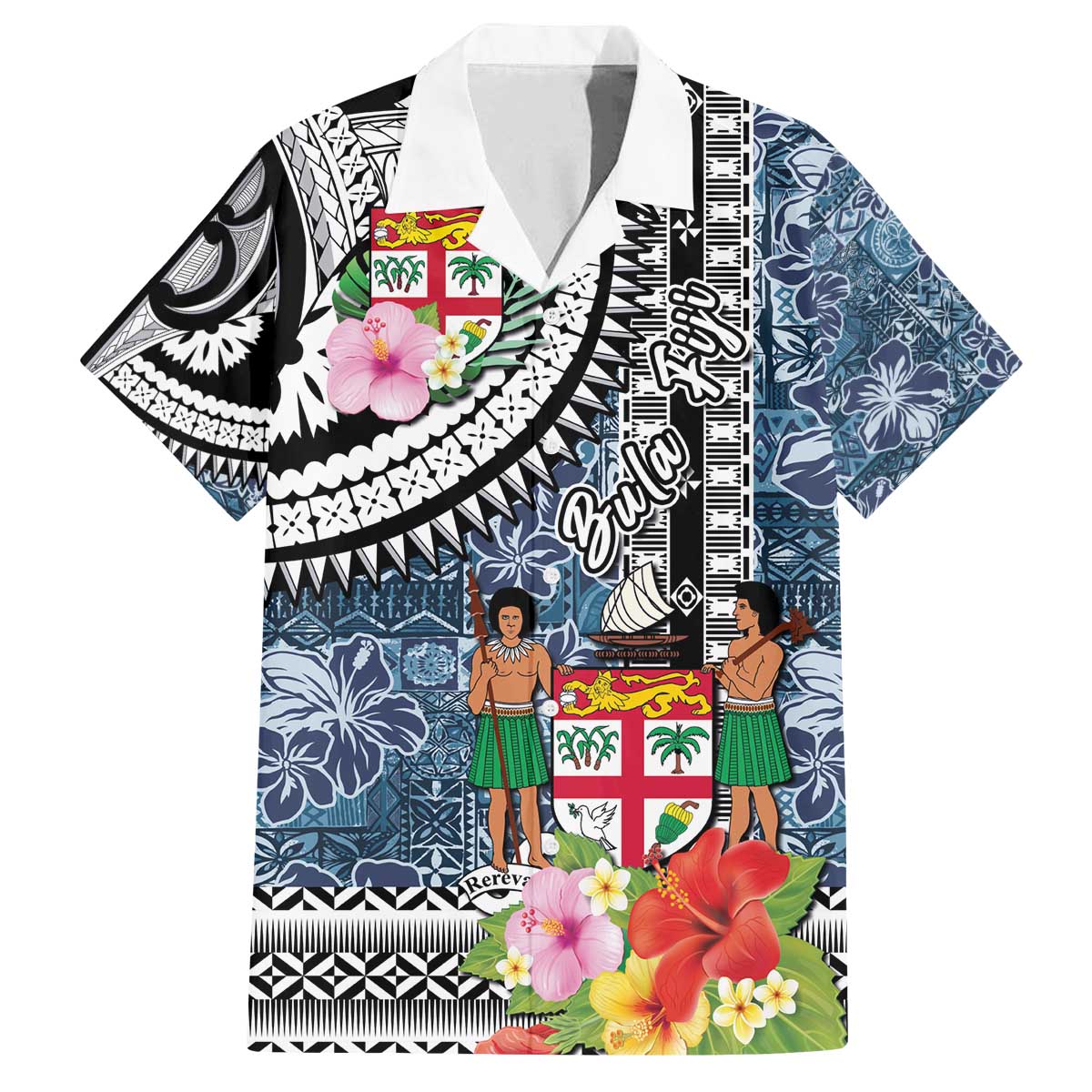 Fiji Day Family Matching Off The Shoulder Long Sleeve Dress and Hawaiian Shirt Traditional Tapa with Hibiscus and Emblems