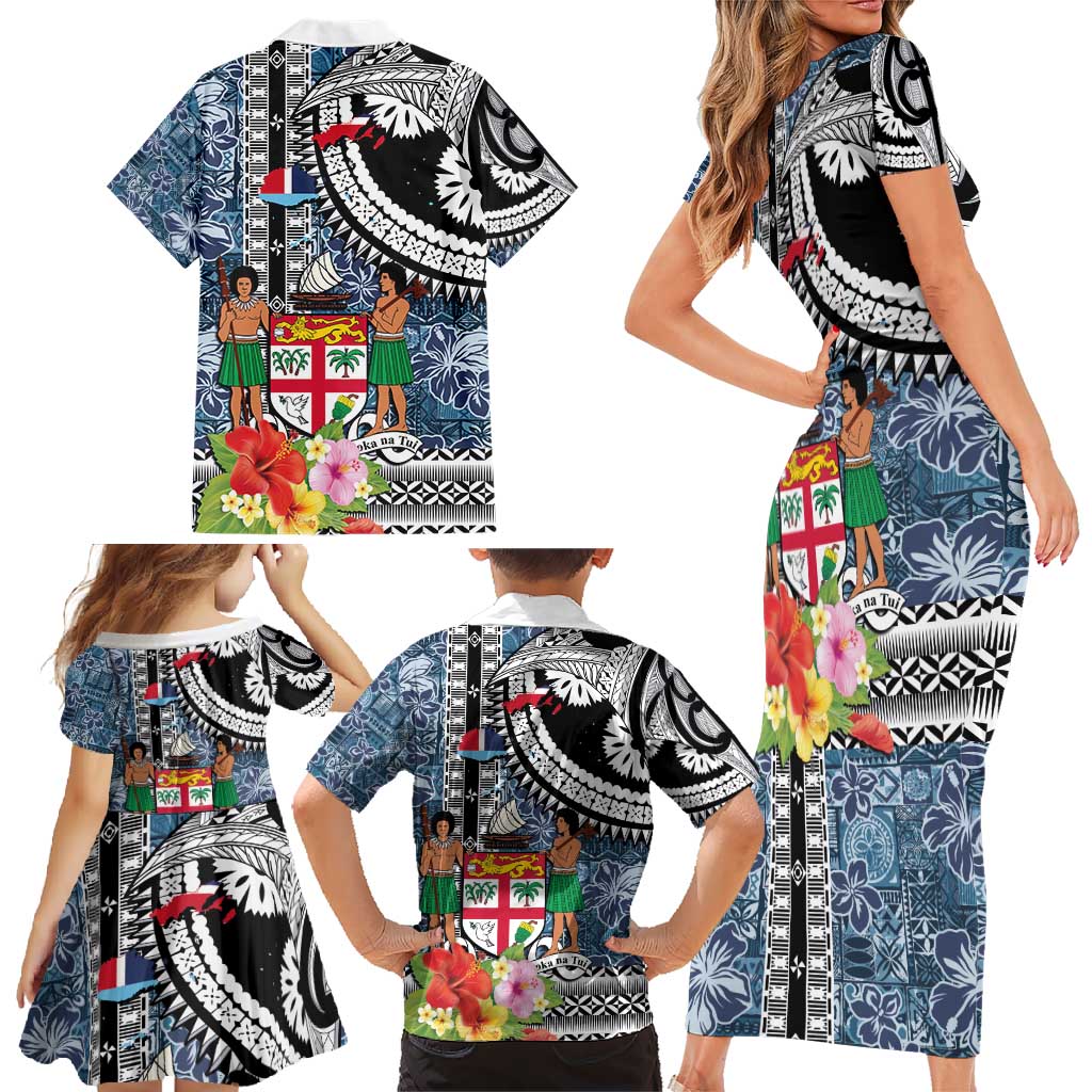 Fiji Day Family Matching Short Sleeve Bodycon Dress and Hawaiian Shirt Traditional Tapa with Hibiscus and Emblems