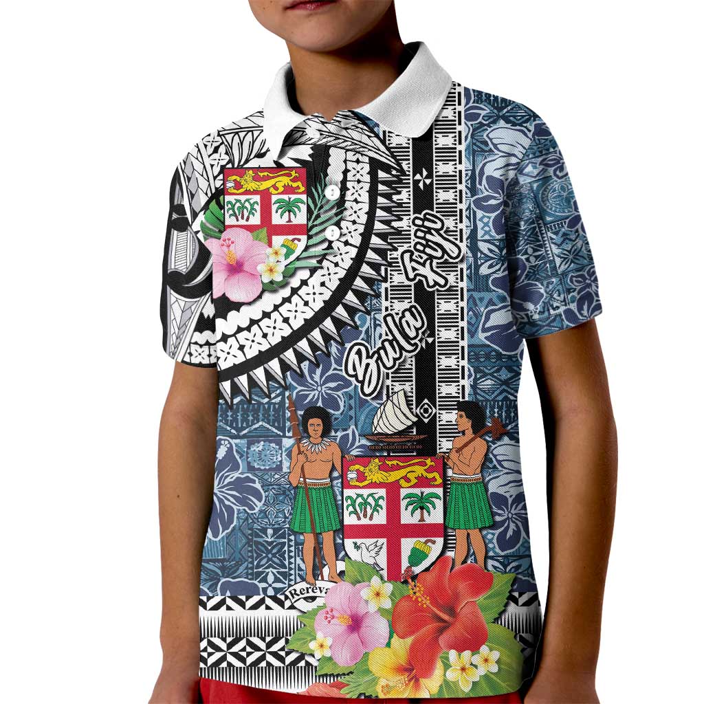 Fiji Day Kid Polo Shirt Traditional Tapa with Hibiscus and Emblems