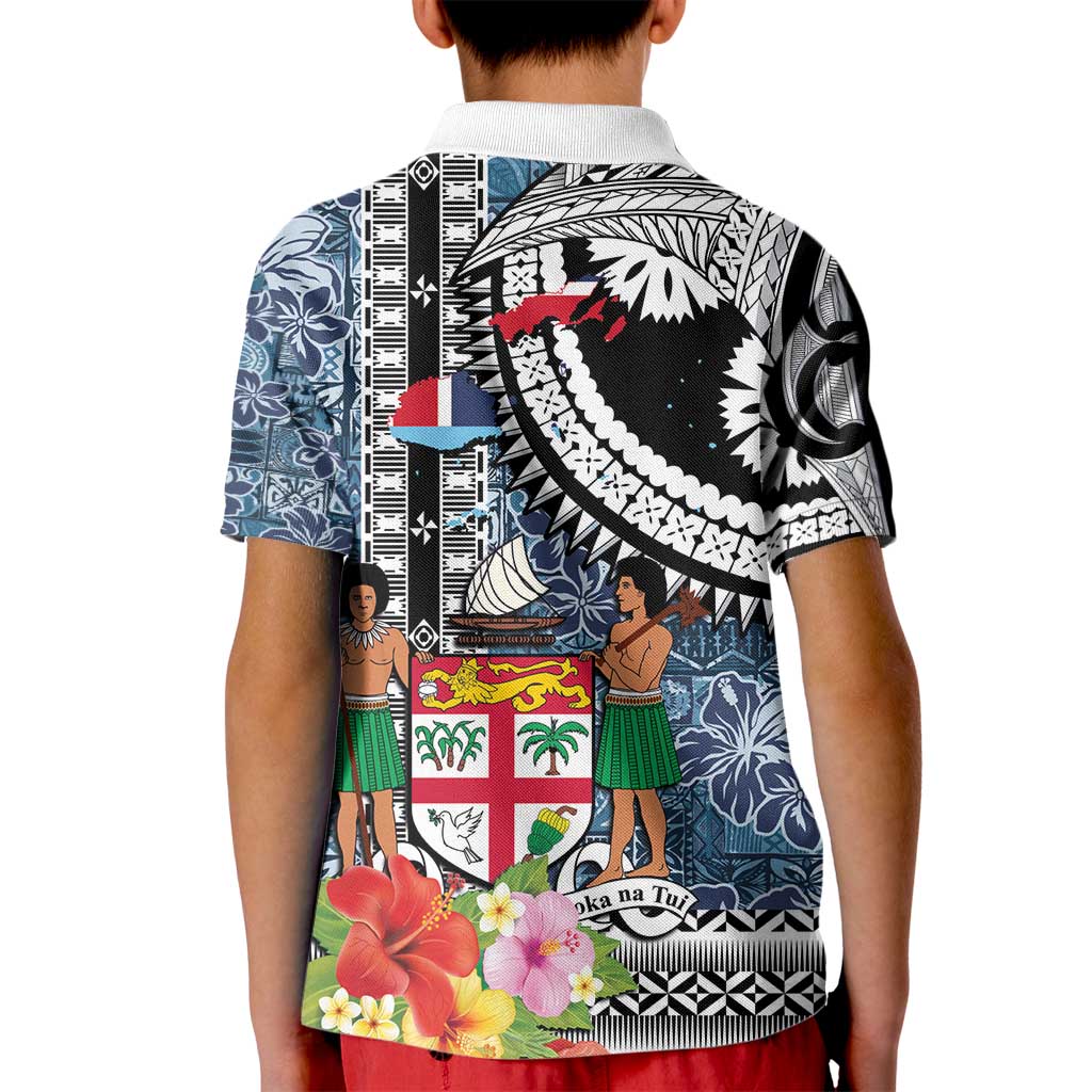 Fiji Day Kid Polo Shirt Traditional Tapa with Hibiscus and Emblems