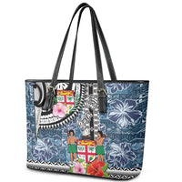 Fiji Day Leather Tote Bag Traditional Tapa with Hibiscus and Emblems