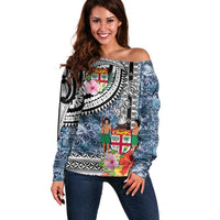 Fiji Day Off Shoulder Sweater Traditional Tapa with Hibiscus and Emblems