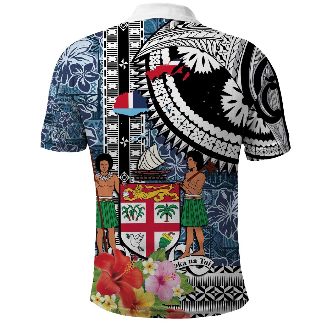 Fiji Day Polo Shirt Traditional Tapa with Hibiscus and Emblems