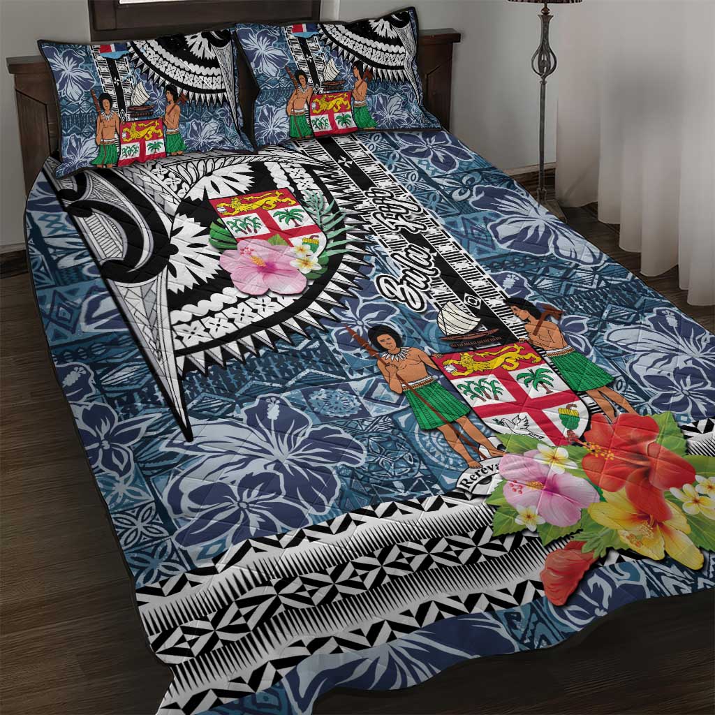 Fiji Day Quilt Bed Set Traditional Tapa with Hibiscus and Emblems