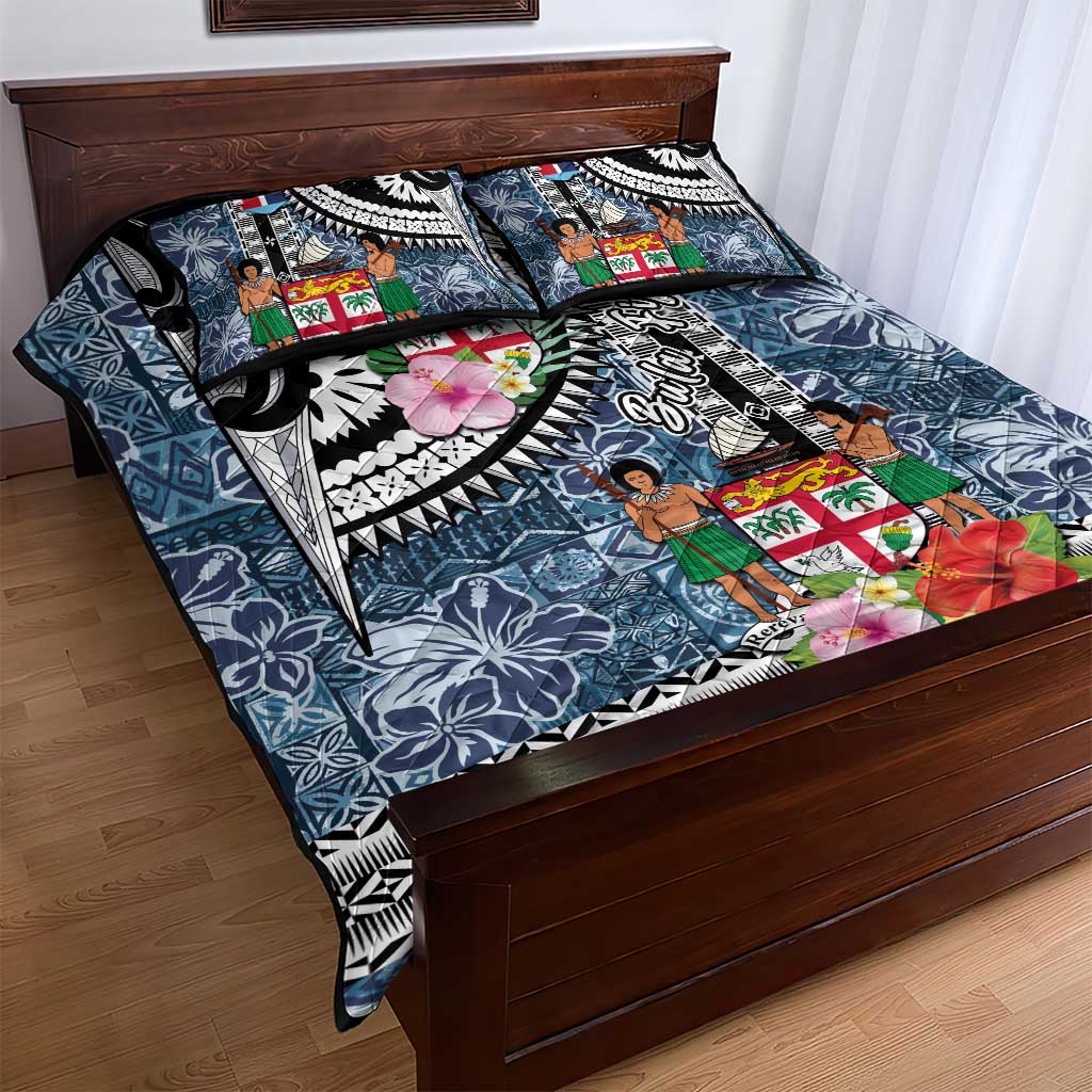 Fiji Day Quilt Bed Set Traditional Tapa with Hibiscus and Emblems