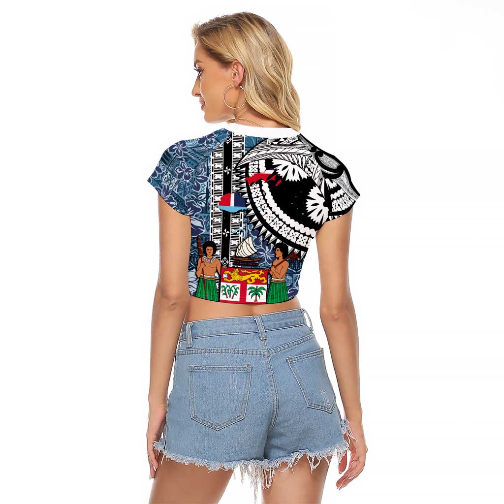 Fiji Day Raglan Cropped T Shirt Traditional Tapa with Hibiscus and Emblems