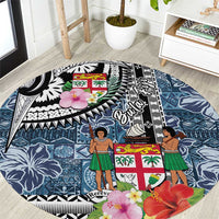 Fiji Day Round Carpet Traditional Tapa with Hibiscus and Emblems