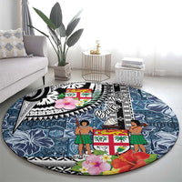 Fiji Day Round Carpet Traditional Tapa with Hibiscus and Emblems
