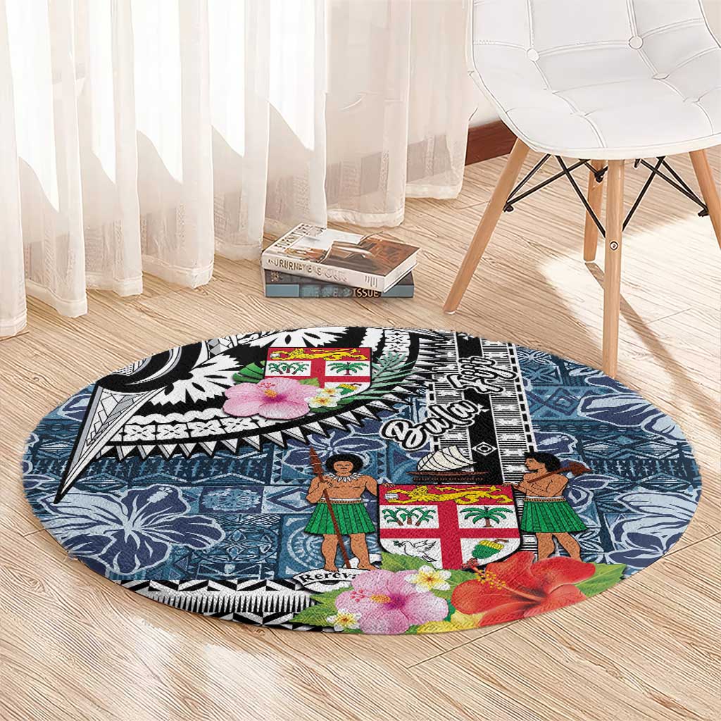 Fiji Day Round Carpet Traditional Tapa with Hibiscus and Emblems