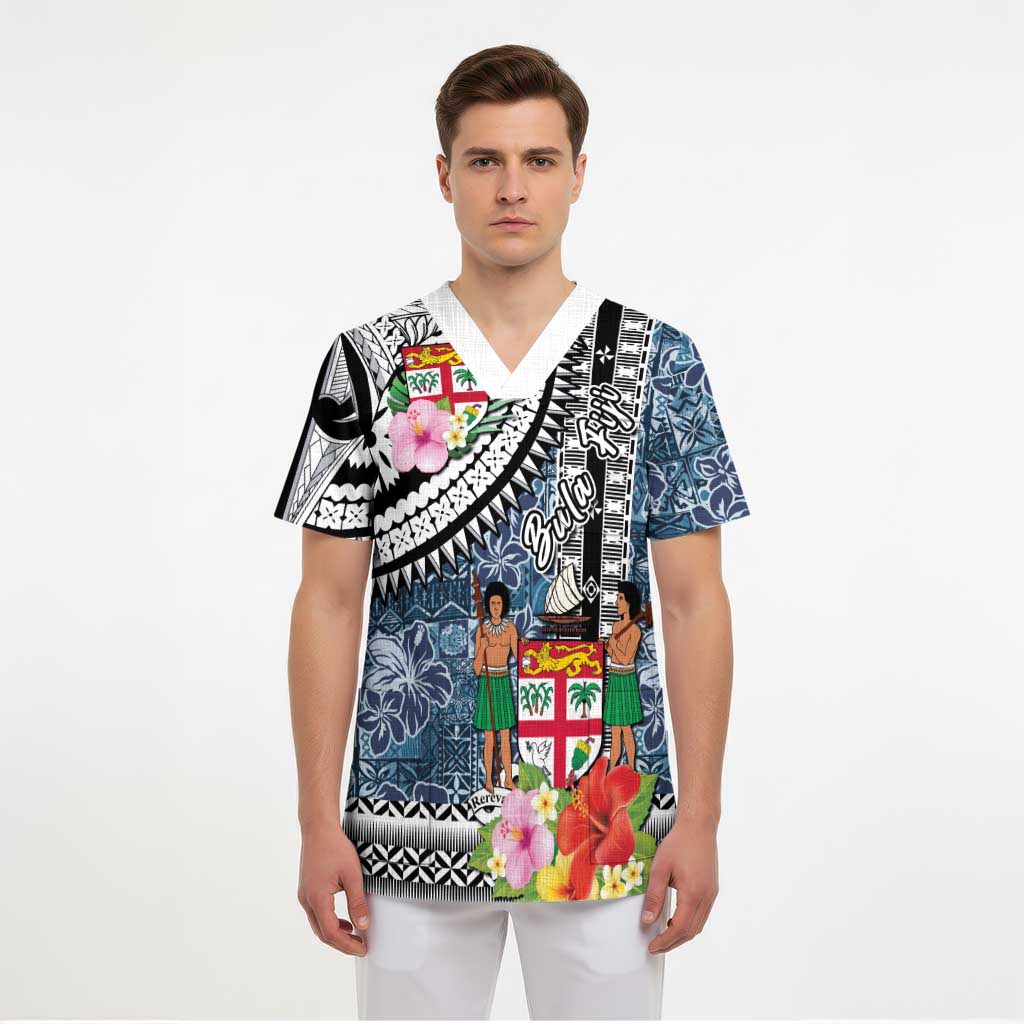 Fiji Day Scrub Top Traditional Tapa with Hibiscus and Emblems - Polynesian Pride