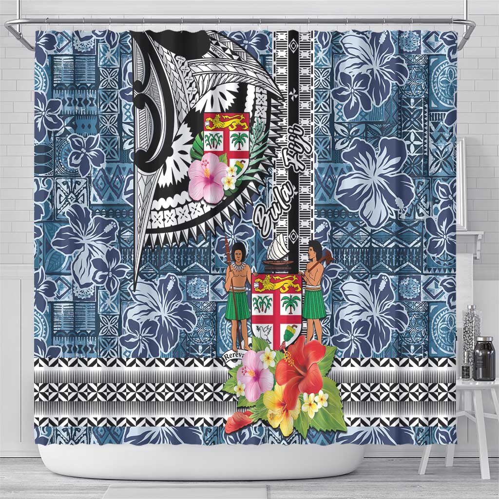 Fiji Day Shower Curtain Traditional Tapa with Hibiscus and Emblems