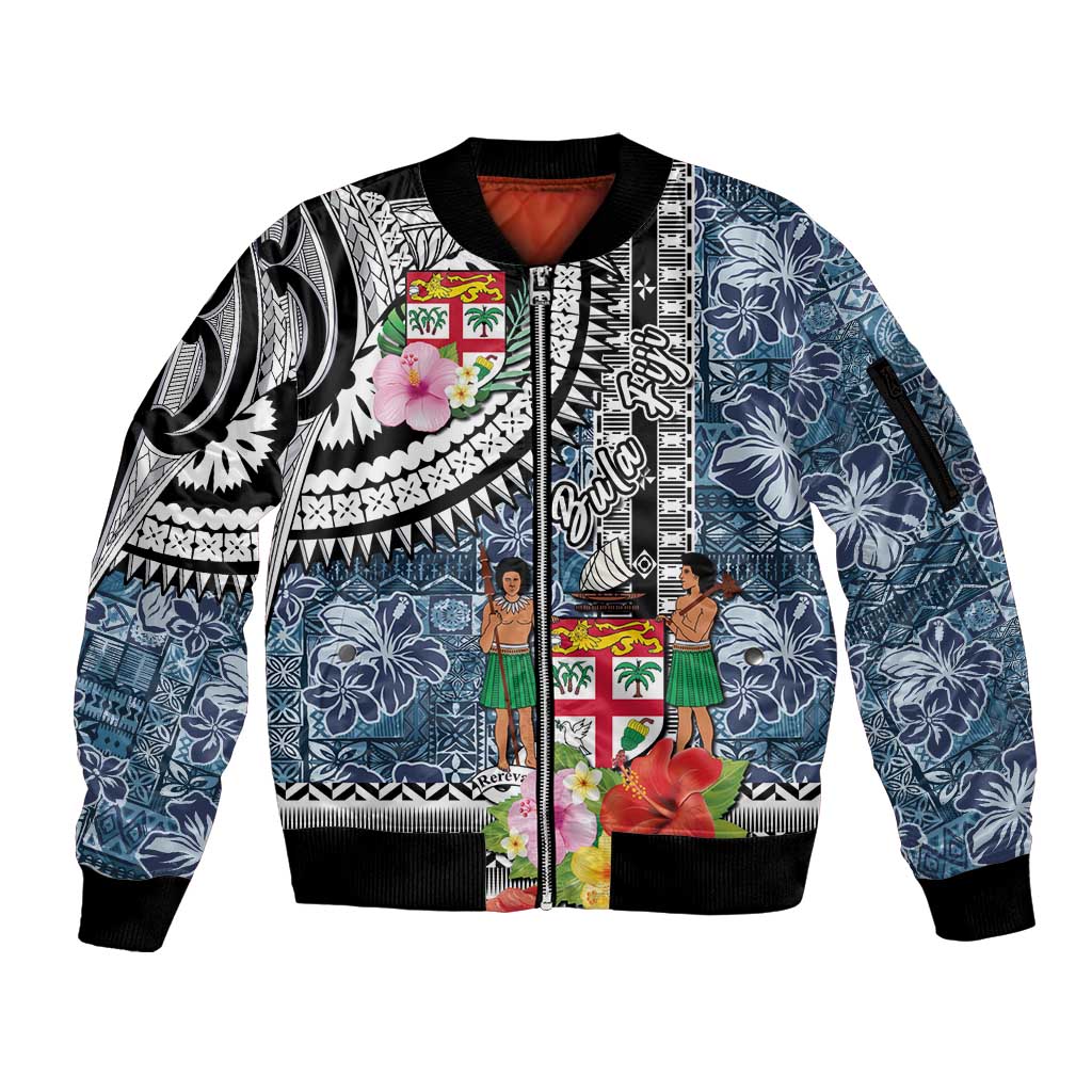 Fiji Day Sleeve Zip Bomber Jacket Traditional Tapa with Hibiscus and Emblems LT03 Unisex - Polynesian Pride