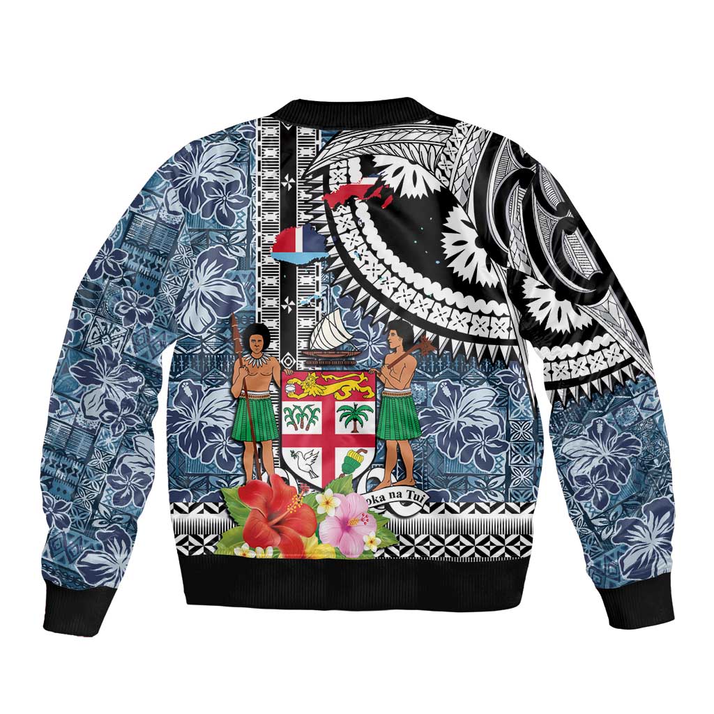 Fiji Day Sleeve Zip Bomber Jacket Traditional Tapa with Hibiscus and Emblems LT03 - Polynesian Pride
