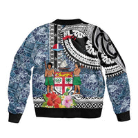 Fiji Day Sleeve Zip Bomber Jacket Traditional Tapa with Hibiscus and Emblems LT03 - Polynesian Pride