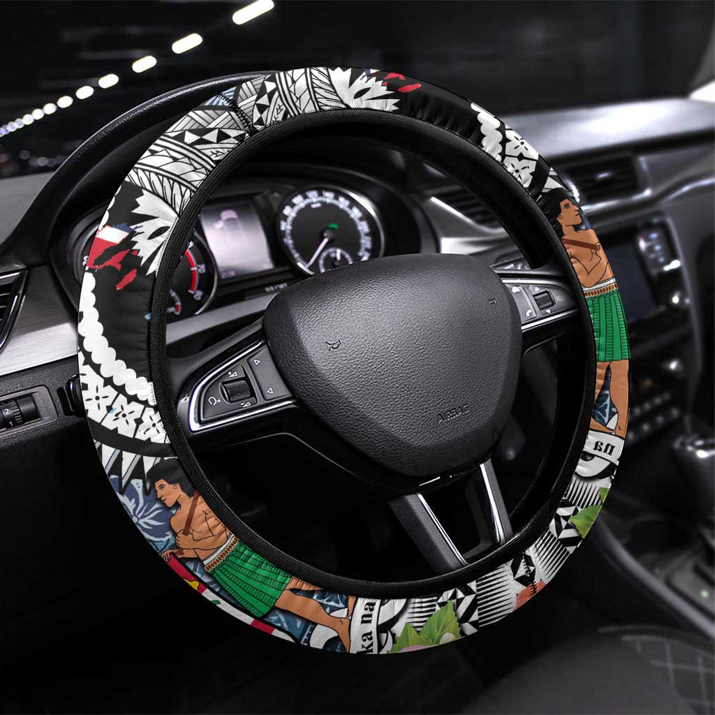 Fiji Day Steering Wheel Cover Traditional Tapa with Hibiscus and Emblems LT03 Universal Fit - Polynesian Pride