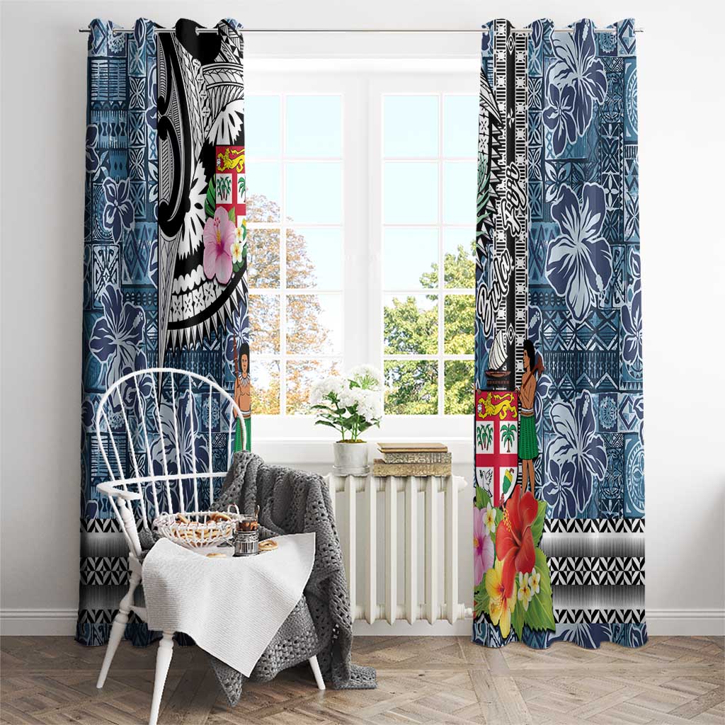 Fiji Day Window Curtain Traditional Tapa with Hibiscus and Emblems
