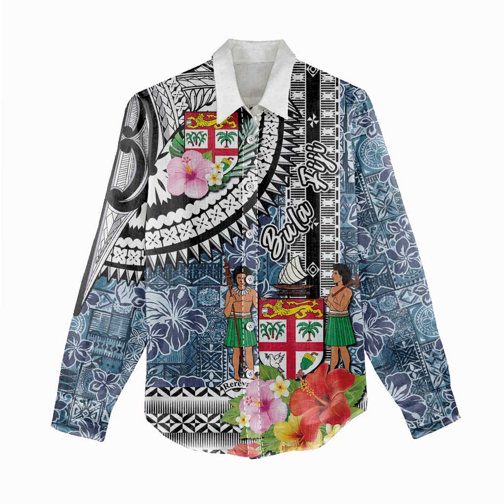 Fiji Day Women Casual Shirt Traditional Tapa with Hibiscus and Emblems