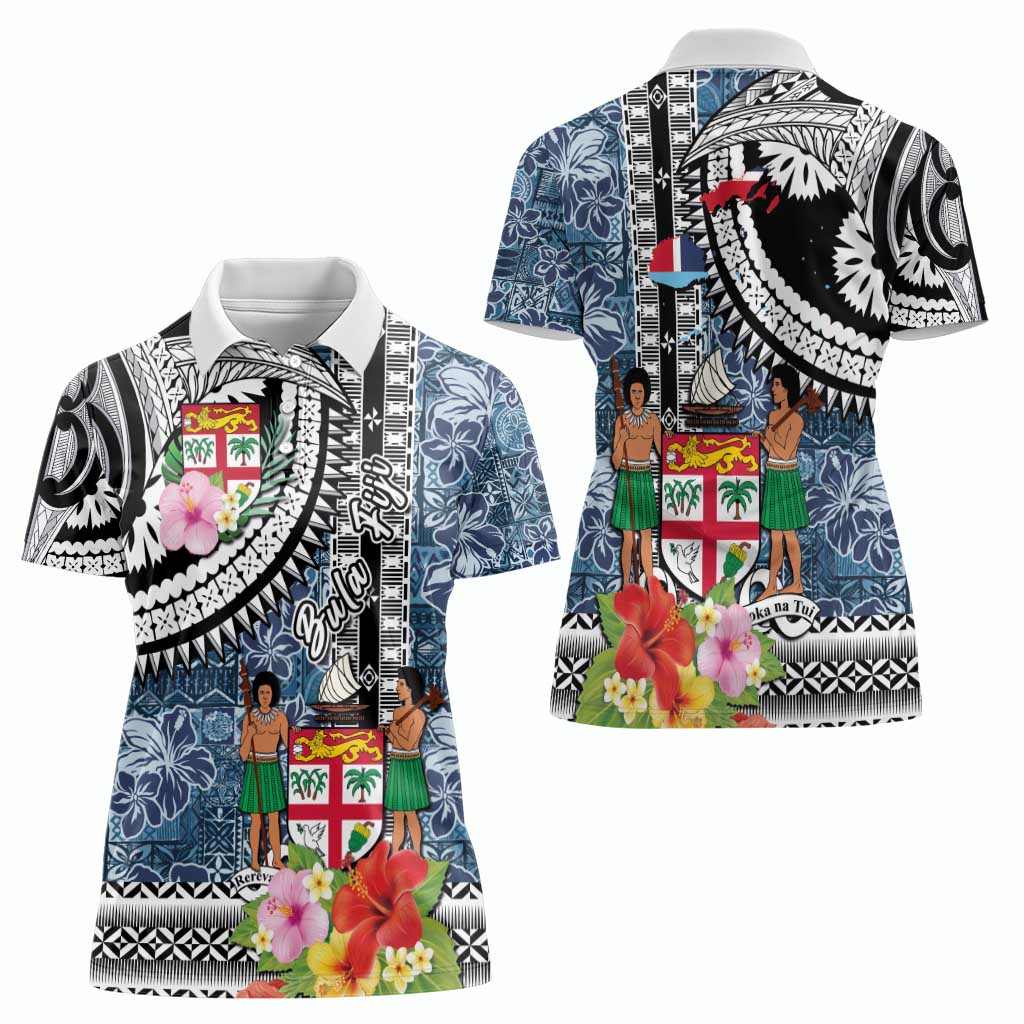 Fiji Day Women Polo Shirt Traditional Tapa with Hibiscus and Emblems