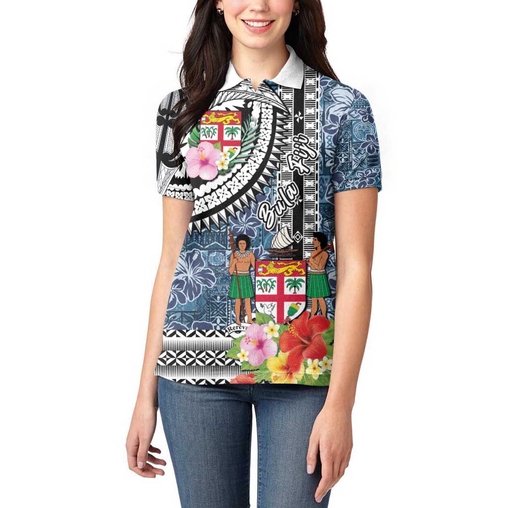 Fiji Day Women Polo Shirt Traditional Tapa with Hibiscus and Emblems