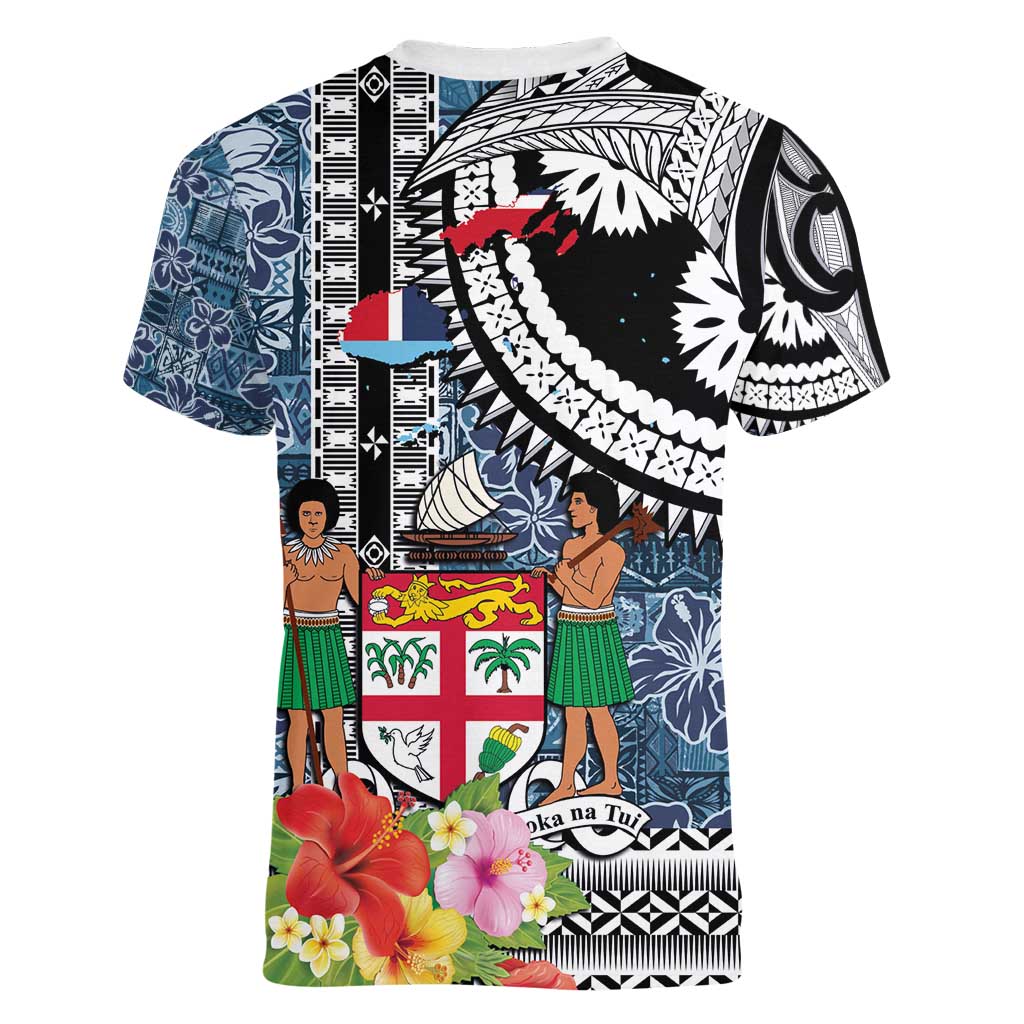 Fiji Day Women V-Neck T-Shirt Traditional Tapa with Hibiscus and Emblems