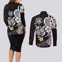 Hawaiian Tropical Plumeria Turtles Couples Matching Long Sleeve Bodycon Dress and Long Sleeve Button Shirt Polynesian Art Tattoo