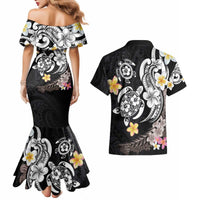 Hawaiian Tropical Plumeria Turtles Couples Matching Mermaid Dress and Hawaiian Shirt Polynesian Art Tattoo