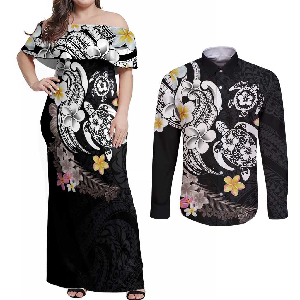 Hawaiian Tropical Plumeria Turtles Couples Matching Off Shoulder Maxi Dress and Long Sleeve Button Shirt Polynesian Art Tattoo