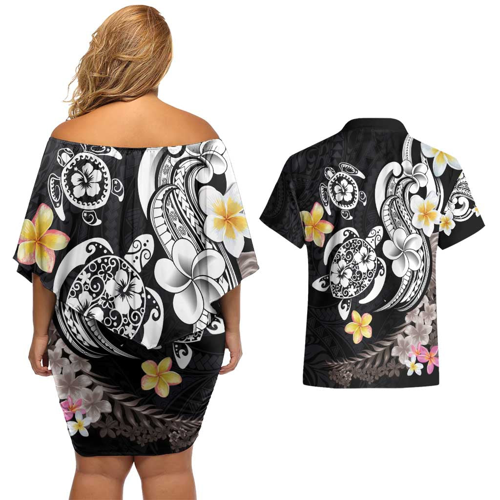 Hawaiian Tropical Plumeria Turtles Couples Matching Off Shoulder Short Dress and Hawaiian Shirt Polynesian Art Tattoo