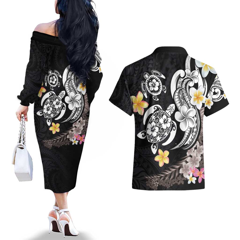 Hawaiian Tropical Plumeria Turtles Couples Matching Off The Shoulder Long Sleeve Dress and Hawaiian Shirt Polynesian Art Tattoo