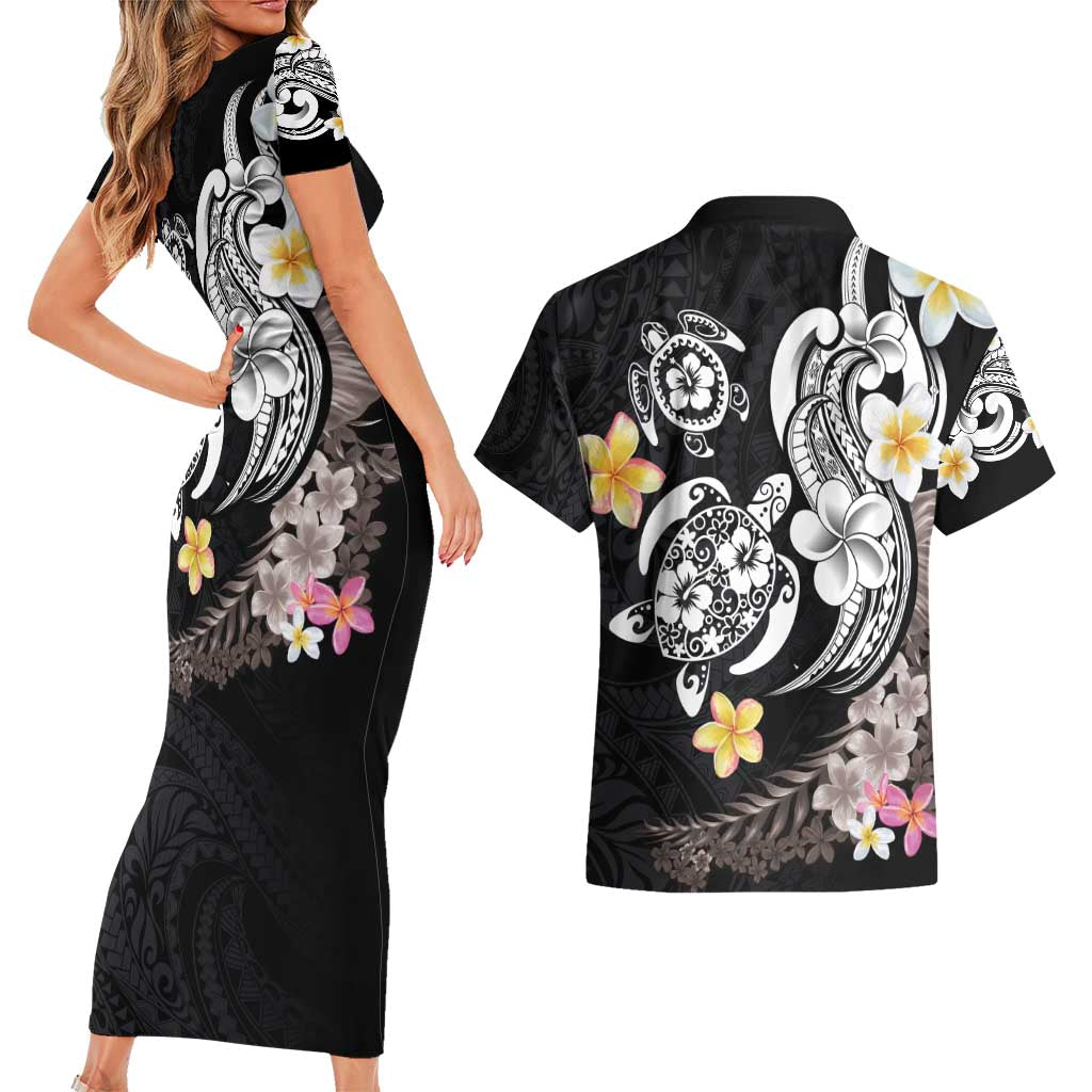 Hawaiian Tropical Plumeria Turtles Couples Matching Short Sleeve Bodycon Dress and Hawaiian Shirt Polynesian Art Tattoo