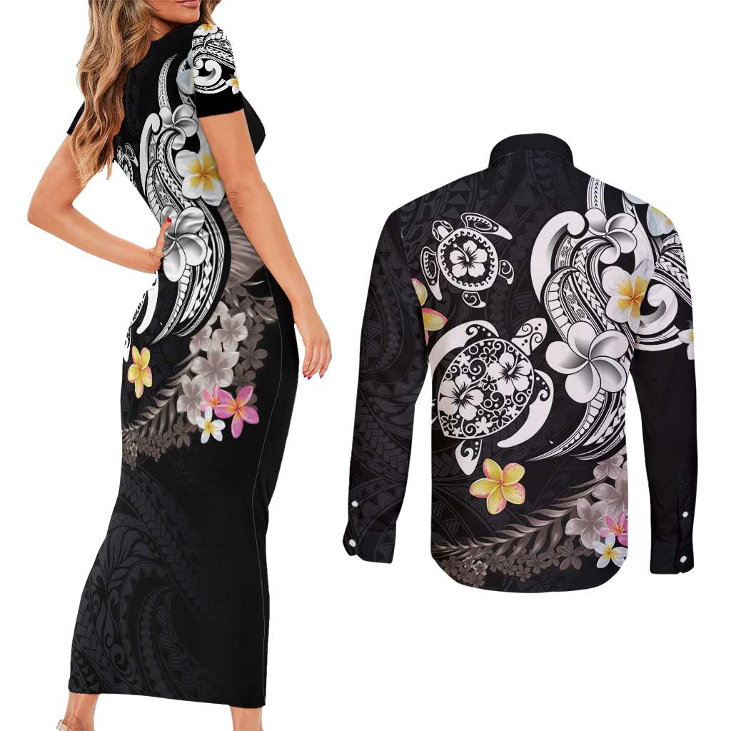 Hawaiian Tropical Plumeria Turtles Couples Matching Short Sleeve Bodycon Dress and Long Sleeve Button Shirt Polynesian Art Tattoo
