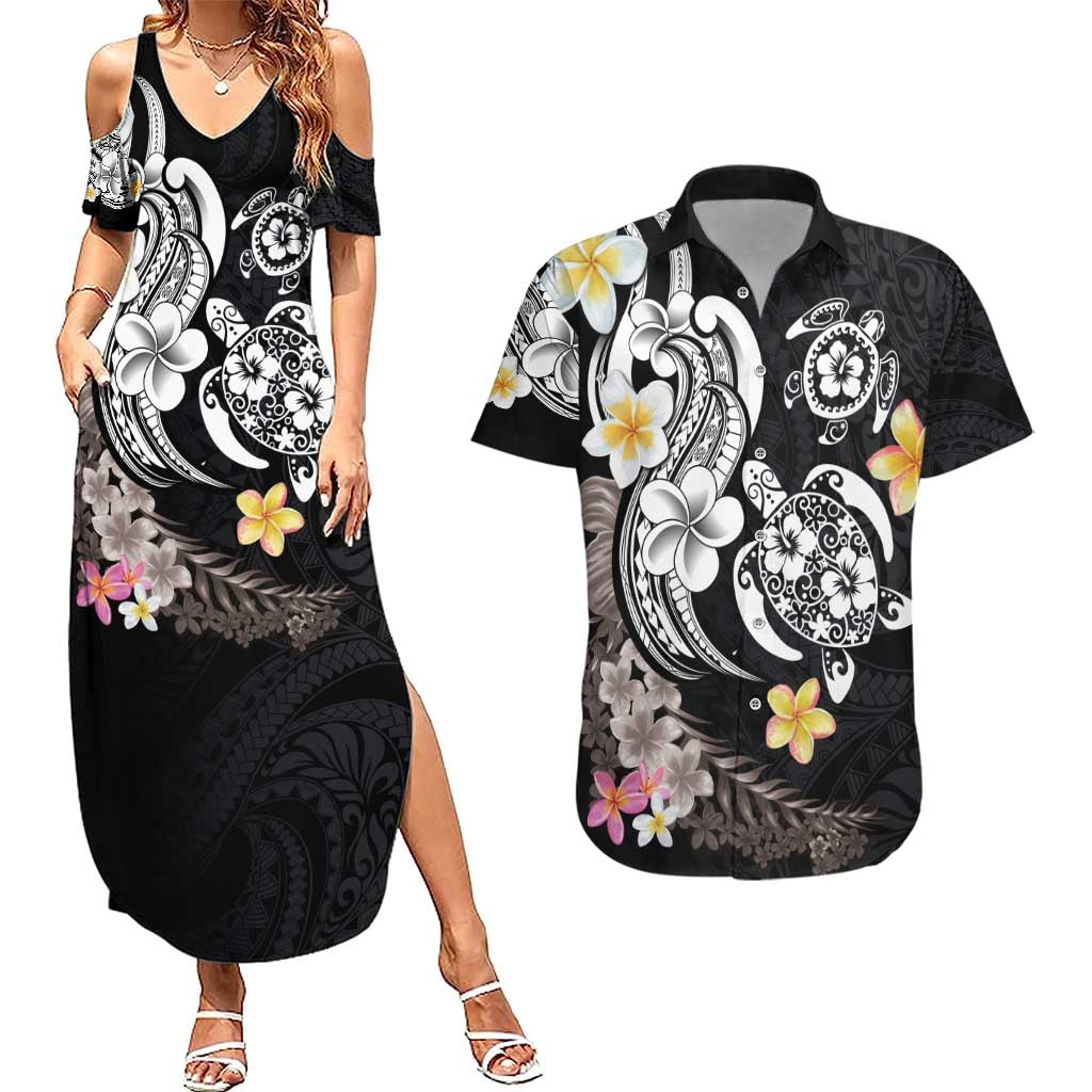 Hawaiian Tropical Plumeria Turtles Couples Matching Summer Maxi Dress and Hawaiian Shirt Polynesian Art Tattoo