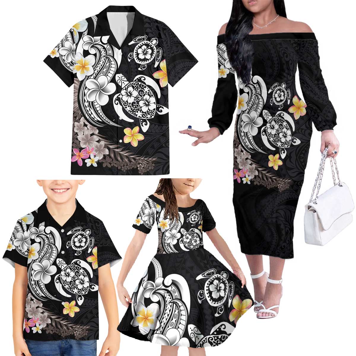 Hawaiian Tropical Plumeria Turtles Family Matching Off The Shoulder Long Sleeve Dress and Hawaiian Shirt Polynesian Art Tattoo