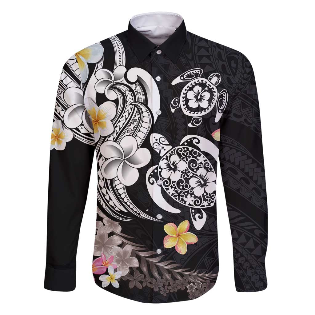 Hawaiian Tropical Plumeria Turtles Family Matching Off Shoulder Short Dress and Hawaiian Shirt Polynesian Art Tattoo LT03 Dad's Shirt - Long Sleeve - Polynesian Pride