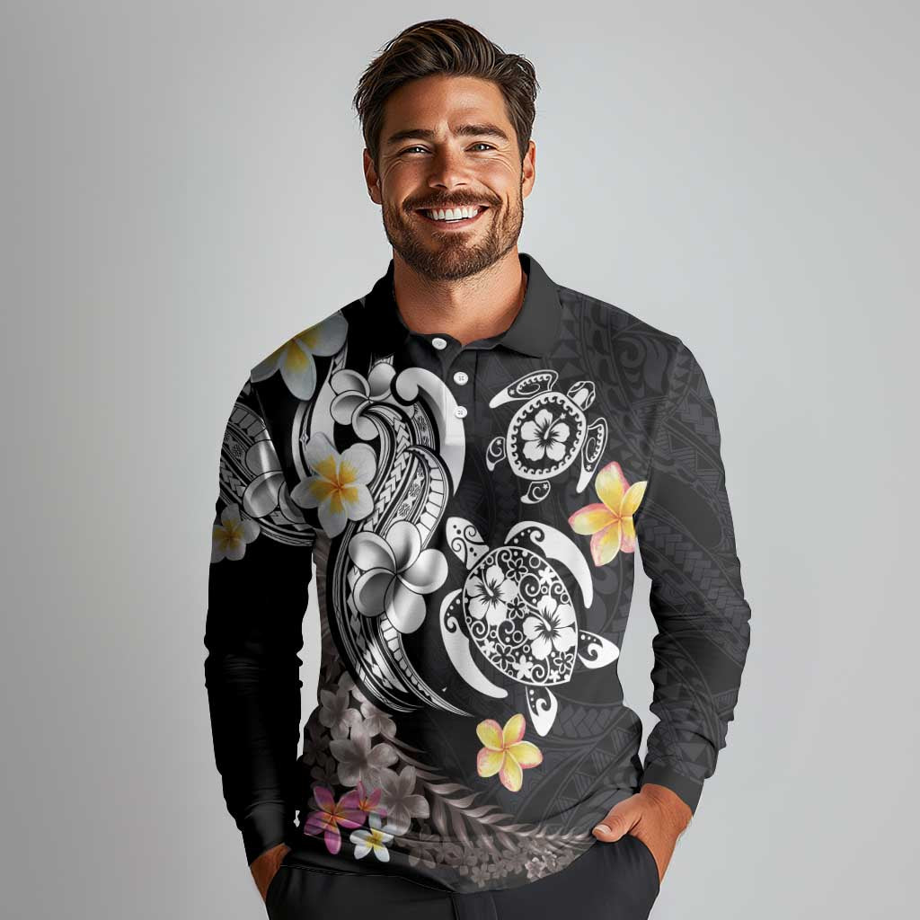 Hawaiian Tropical Plumeria Turtles Long Sleeve Polo Shirt Polynesian Art Tattoo LT03 - Polynesian Pride