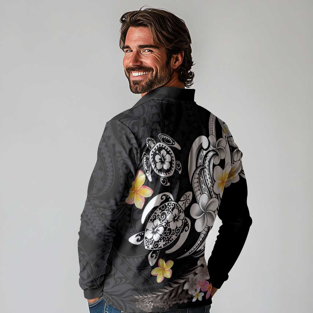 Hawaiian Tropical Plumeria Turtles Long Sleeve Polo Shirt Polynesian Art Tattoo LT03 - Polynesian Pride