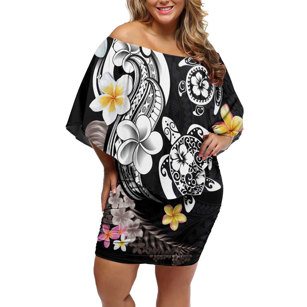 Hawaiian Tropical Plumeria Turtles Off Shoulder Short Dress Polynesian Art Tattoo